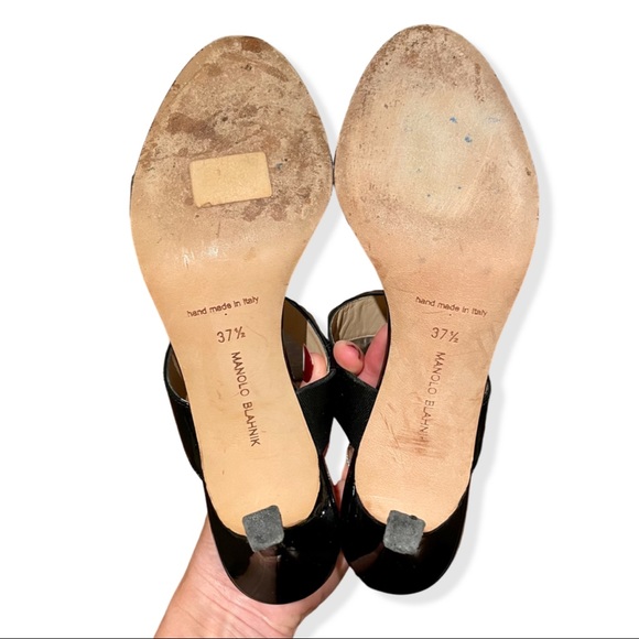 Manolo Blahnik Angufac 70 Black Patent Leather Double Strap Mule Heeled Sandals - Picture 8 of 8